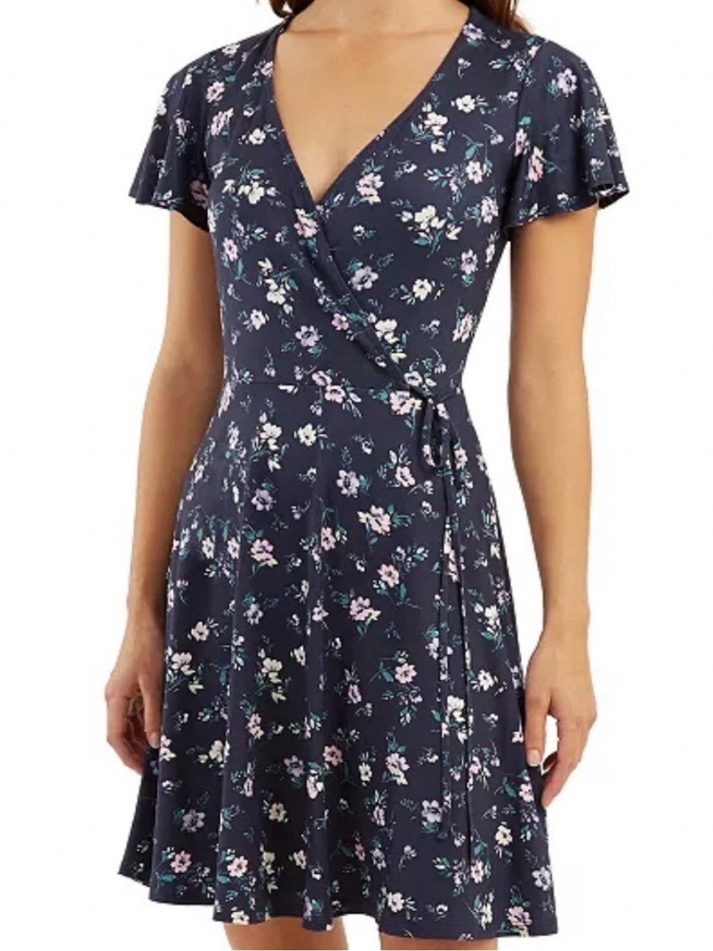 BCX Dress XL - Navy Blue Floral Fit & Flare, Faux Wrap Dress